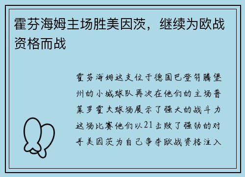 霍芬海姆主场胜美因茨，继续为欧战资格而战